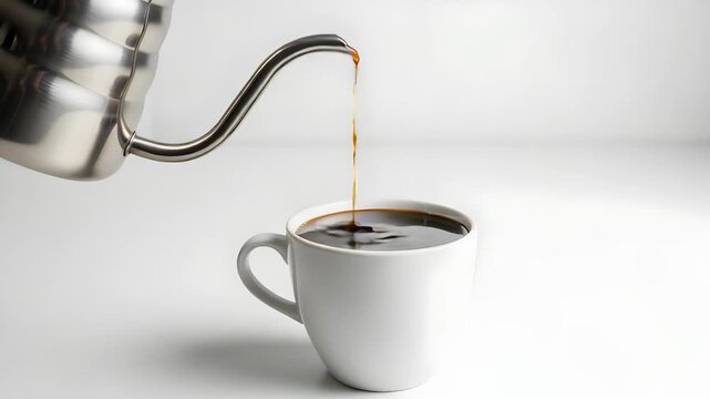 Pouring Black Coffee From Kettle Into White Mug on White Surface