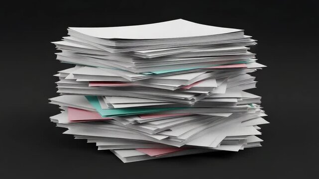 Pixelated Stack of Square White Pink and Teal Papers on a Black Background Illustrating Paperwork Organization and Office Concept