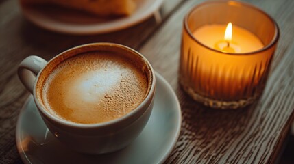 Cafe, winter afternoon, warm tones, Cup of coffee Cappuccino with cinnamon, on wooden table, Commercial Advertising Food and drink product,  Photography for promote.