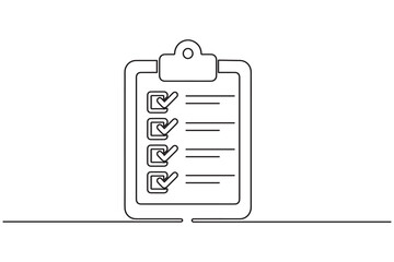 Clipboard with checklist icon in minimal one line art style on white background for planning concept