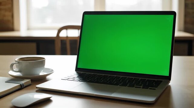 A Still Shot of a Perfect Work-from-Home Setup, with a Laptop's Green Screen Awaiting Your Website or App Display, Perfect for Corporate and Tech Mockups