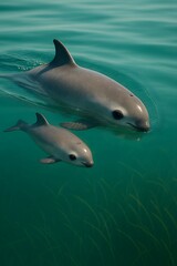 Obraz premium Vaquita Mother and Calf Swimming Near Surface in Sea of Cortez with Sunlight and Seagrass Below, Photorealistic Underwater Marine Wildlife Scene