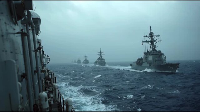 Multiple naval ships operate in formation while facing turbulent waters under overcast skies. The maritime military exercise showcases naval strategy and coordination amidst severe weather challenges