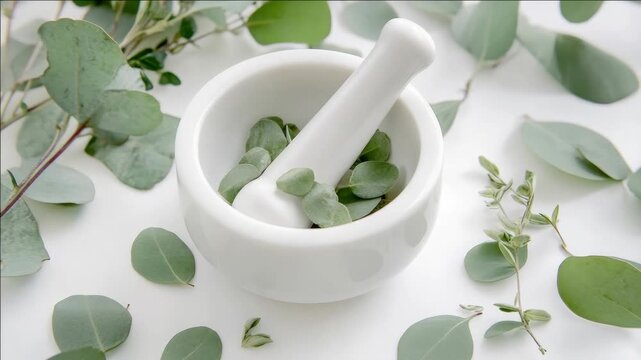 Medicinal herbs in a mortar and pestle