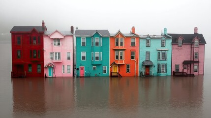 Naklejka premium Colorful houses partially submerged in floodwaters