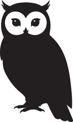A stylized black owl silhouette with wide expressive eyes on a white background