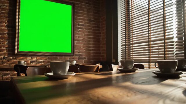The Warm Afternoon Light Illuminates an Empty Coffee Shop, Focusing on a Blank Chroma Key Screen for Your Custom Restaurant or Cafe Advertising