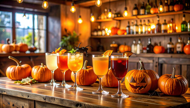 Festive halloween cocktails with orange slices are surrounded by pumpkins on a bar counter, illuminated by warm, glowing lights.