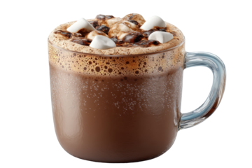 Delicious hot chocolate with marshmallows served in a transparent glass mug