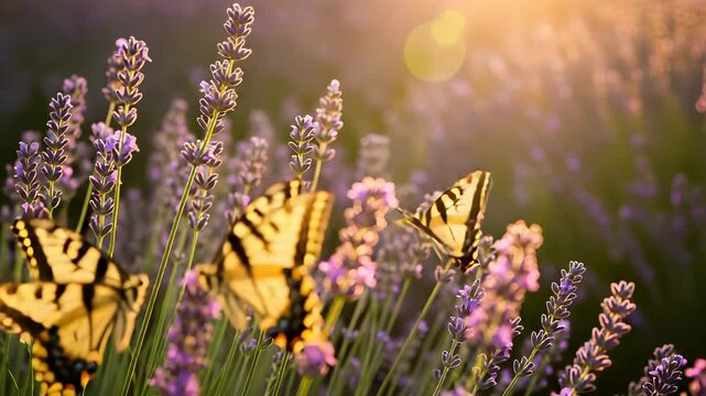 Three Eastern Tiger Swallowtail Butterflies on Purple Lavender Blossoms in Sunlight