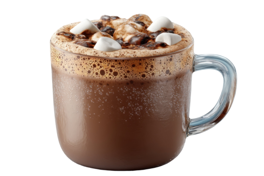 Delicious hot chocolate with marshmallows served in a transparent glass mug