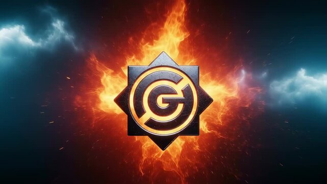 Dynamic firestorm encircling metallic emblem powerful visual energy and heat distortion effects.