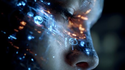 Close-up of a female face with futuristic digital graphics overlay depicting advanced technology.