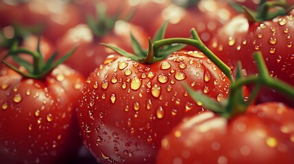 Fresh red tomatoes with water droplets in closeup view