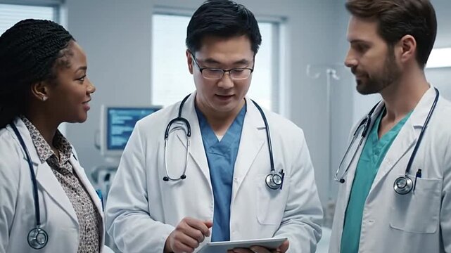 Three doctors of different ethnicities in white coats with stethoscopes discuss something The Asian doctor holds a tablet