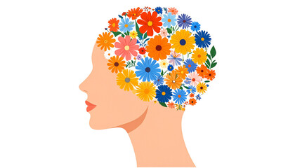 Human head filled with blooming flowers, representing positive mental health and emotional well-being, isolated on transparent background.