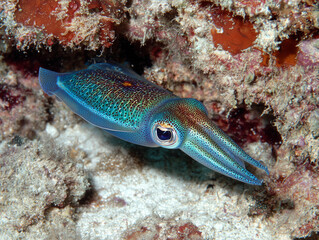 Colorful squid swimming near coral reef in tropical ocean
