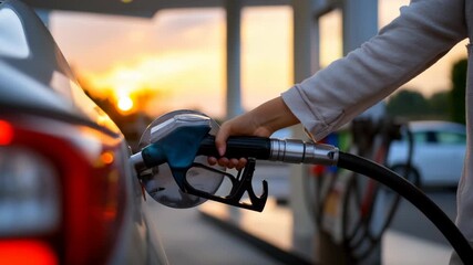 A person filling a car's gas tank at a fuel station, capturing the moment with focus and composition - Powered by Adobe