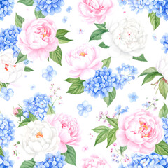 Floral Elegance: A watercolor arrangement of peonies and hydrangeas, showcasing a delicate mix of pink, blue and white flowers, with a touch of nature's grace.