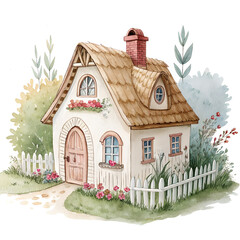 Watercolor Cottage with Flowers and Picket Fence on Transparent Background