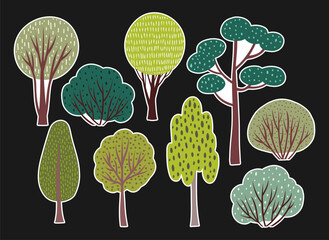 Flat vector illustration featuring a collection of isolated stickers with trees and bushes in a cartoon style with hand drawn textured details. Playful and colorful nature elements for design use. 