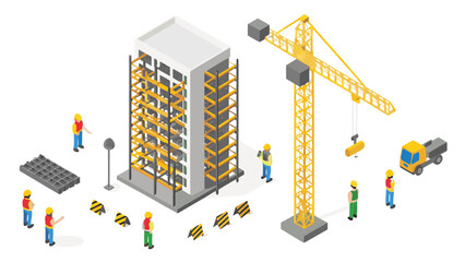 Isometric view of a construction site with building crane and construction workers in yellow helmets