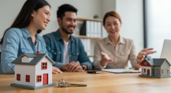 A real estate agent gestures enthusiastically while presenting two miniature houses and a key to a smiling young couple, indicating a successful property transaction in a bright, 