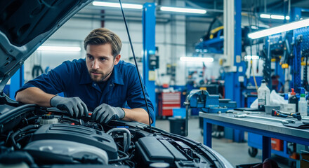 A mechanic in a blue uniform is working under the open hood of a car in a well-lit garage, surrounded by tool cabinets.