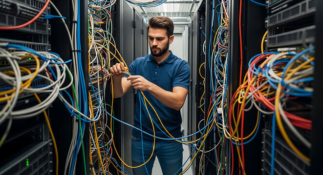 A server expert trying to fix messy server cables.