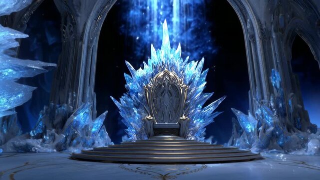 A stunning ice throne in an icy palace chamber, with water falling from the ceiling