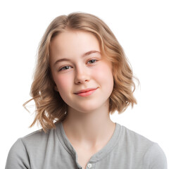Fototapeta premium smiling teenage girl with blonde curly hair isolated on white background