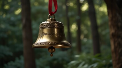 Obraz premium A brass bell, adorned with intricate engravings, hangs from a red ribbon in a verdant forest setting. The bell's details are sharply in focus against a softly blurred background