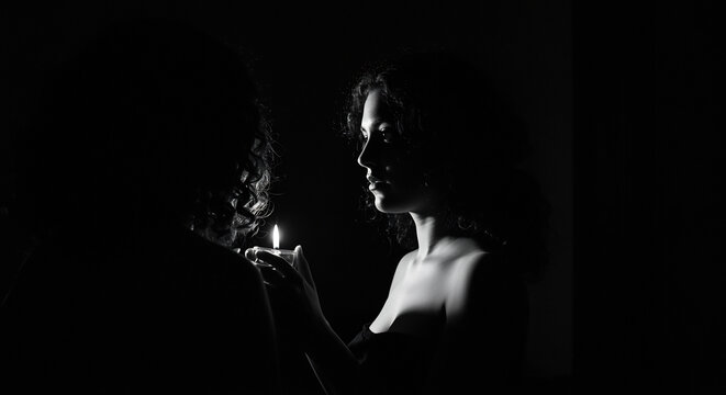 Intimate Moment A Woman's Face Illuminated by Candlelight in Dramatic Black and White