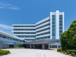 青空の下に建つ近代的な病院の外観