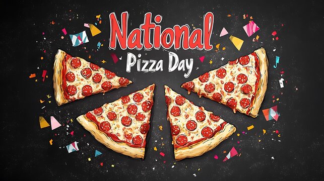 National pizza day pepperoni slice celebration on black background

