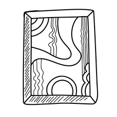 Abstract artwork showcases flowing lines and geometric shapes within a contrasting rectangular frame. The design emphasizes rhythm and movement, capturing attention with its simplicity.