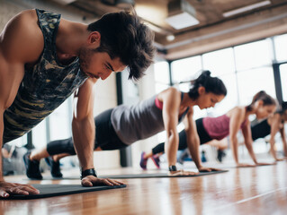 Group of athletes doing push-ups during fitness training in modern gym