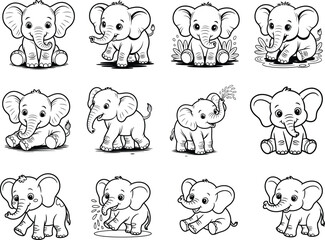 Obraz premium Cute Baby Elephant Cartoon Vector Set for Coloring Book and Kids Design .