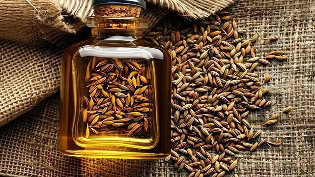 cumin essential oil on the background of burlap top view