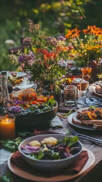A lively potluck picnic set up on a wooden table, featuring a variety of foods and floral centerpiece.