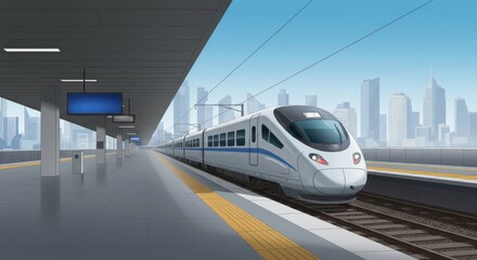 Modern train at a station with a skyline background, under a bright sky