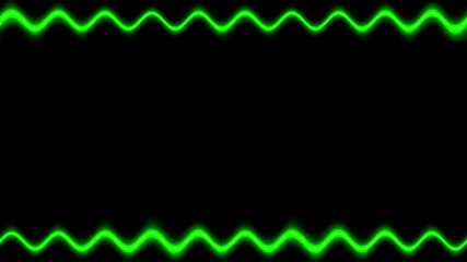 Neon appearing and disappearing glowing wavy sharp light green perpendicular horizontal long lines frame on black background. Space for your own content.