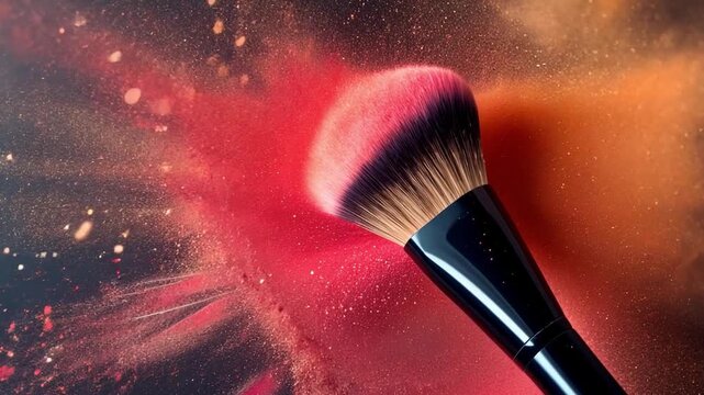 Makeup Brush Bursting with Color: A close-up shot captures a makeup brush mid-action, unleashing a vibrant cloud of colorful pigments. Capturing the artistry and energy of makeup application.