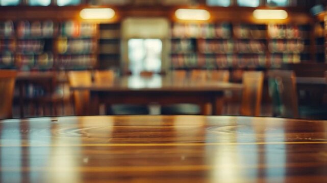 Library's Tranquil Scene: A blurred view captures the serene ambiance of a library, the foreground features a polished wooden table, inviting study space. Shelves filled with books softly illuminated.