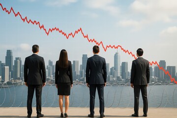 Business professionals analyze declining market trends outdoors.