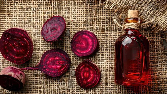 essential oil of red beet on the background of burlap top view