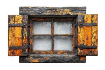 Rustic wooden window with shutters isolated on a cutout PNG transparent background