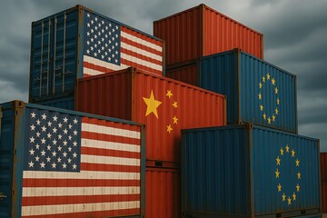 Fototapeta premium Colorful shipping containers representing global trade and commerce.