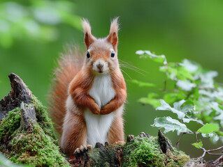 切り株の上でこちらを見るリスの正面ポーズ