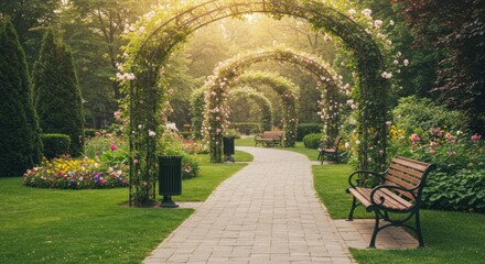Flower-covered arbors line a brick path in a verdant garden, bathed in warm sunlight